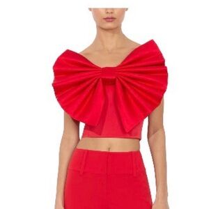 Alice + Olivia Bold Red Pleated Bow Crop Top